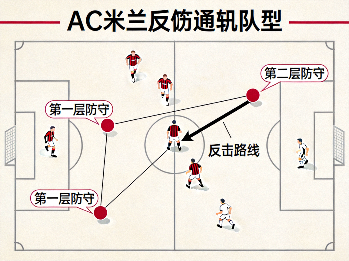 AC米兰防守反击阵型示意，双圆点代表防守层次