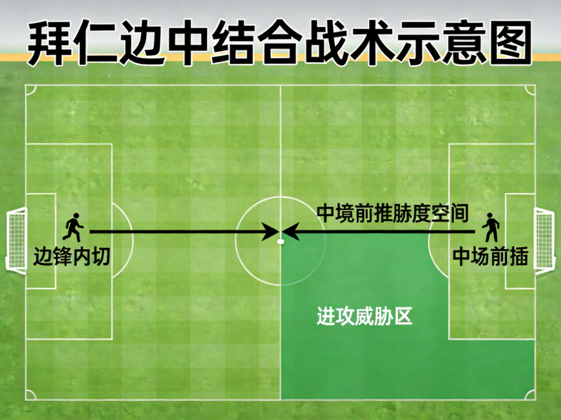 拜仁边中结合战术示意图，显示边锋内切后中场前插肋部空当，绿色区域代表进攻威胁区