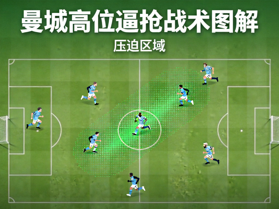 曼城高位逼抢战术图解，绿色抽象点阵代表压迫区域