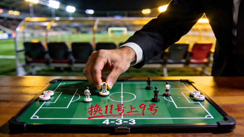 主帅在战术板上布置换人与阵型调整策略，绿色战术板与棋子展示关键比赛中的临场指挥智慧