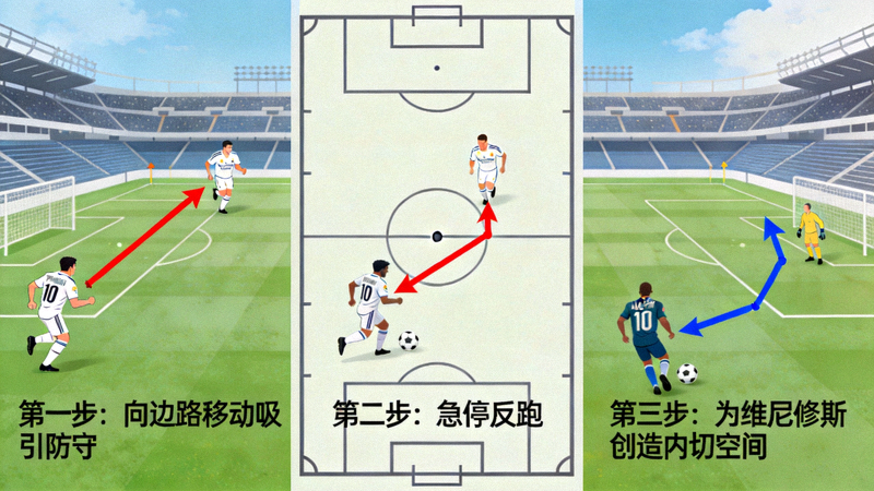罗德里戈诱饵跑位示意图：他先向边路移动吸引防守，随后急停反跑，为维尼修斯创造内切空间
