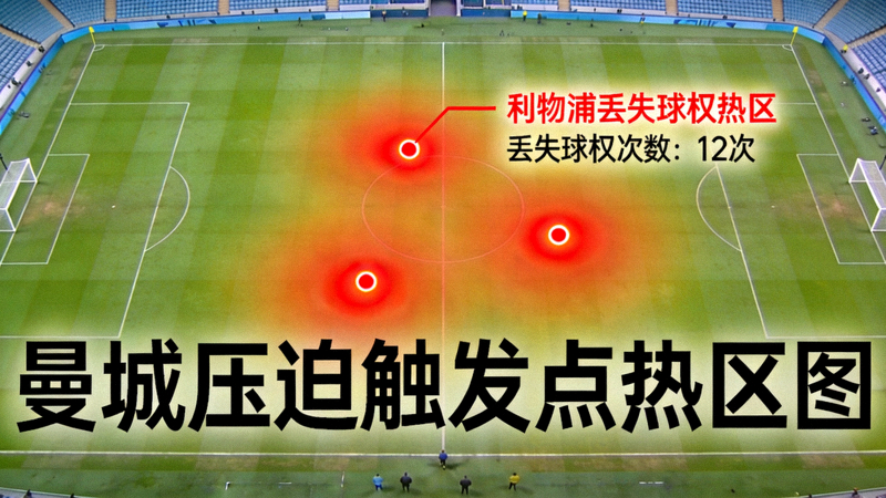 曼城压迫触发点热区图：中圈附近三个红色高亮区域，利物浦在此区域丢失球权次数高达12次
