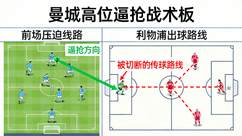 曼城高位逼抢战术板：前场压迫线路与利物浦出球路线示意图，绿色箭头表示逼抢方向，红色虚线表示被切断的传球路线