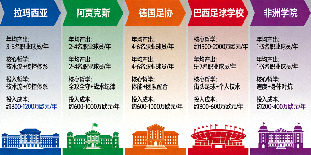 全球五大足球青训体系对比信息图，包含拉玛西亚、阿贾克斯、德国足协、巴西足球学校、非洲学院的关键指标对比，如年均产出、核心哲学、投入成本等