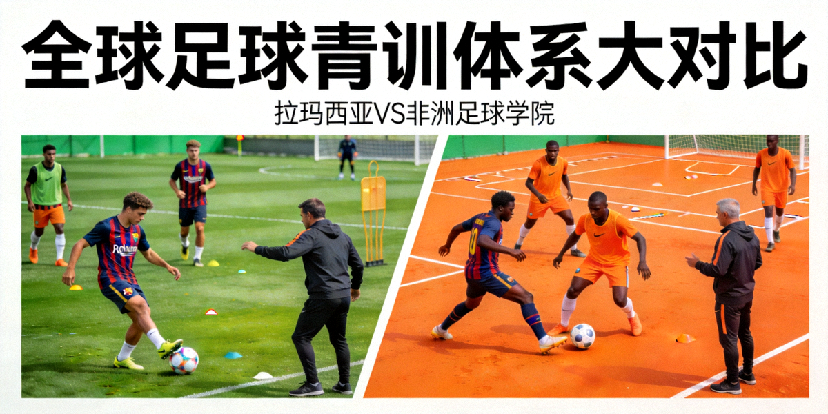 全球足球青训体系大对比专题封面图，展示拉玛西亚青训营与非洲足球学院训练场景的拼贴画面，绿色与橙色交织象征传统与新兴力量的碰撞