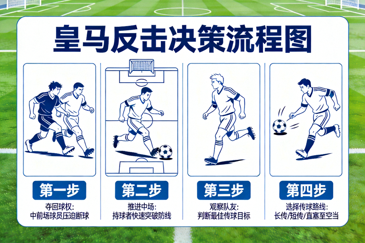 皇马反击决策流程图：从夺回球权到选择传球路线
