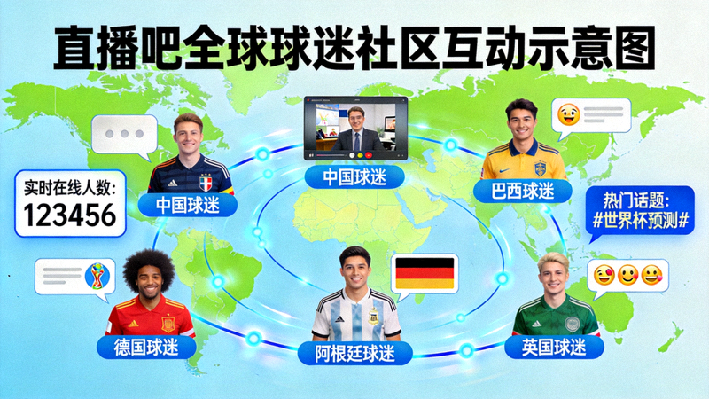 直播吧全球球迷社区互动示意图，展示不同国家球迷在线交流的场景